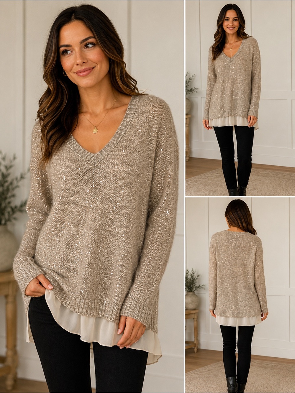 The Limited Sequin Knit Layered-Hem Sweater | Champagne Beige Sparkle Tunic